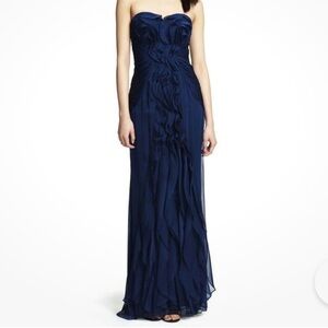 Adrianna Papell Front Ruffle Chiffon Strapless Gown Navy Blue Size US 4